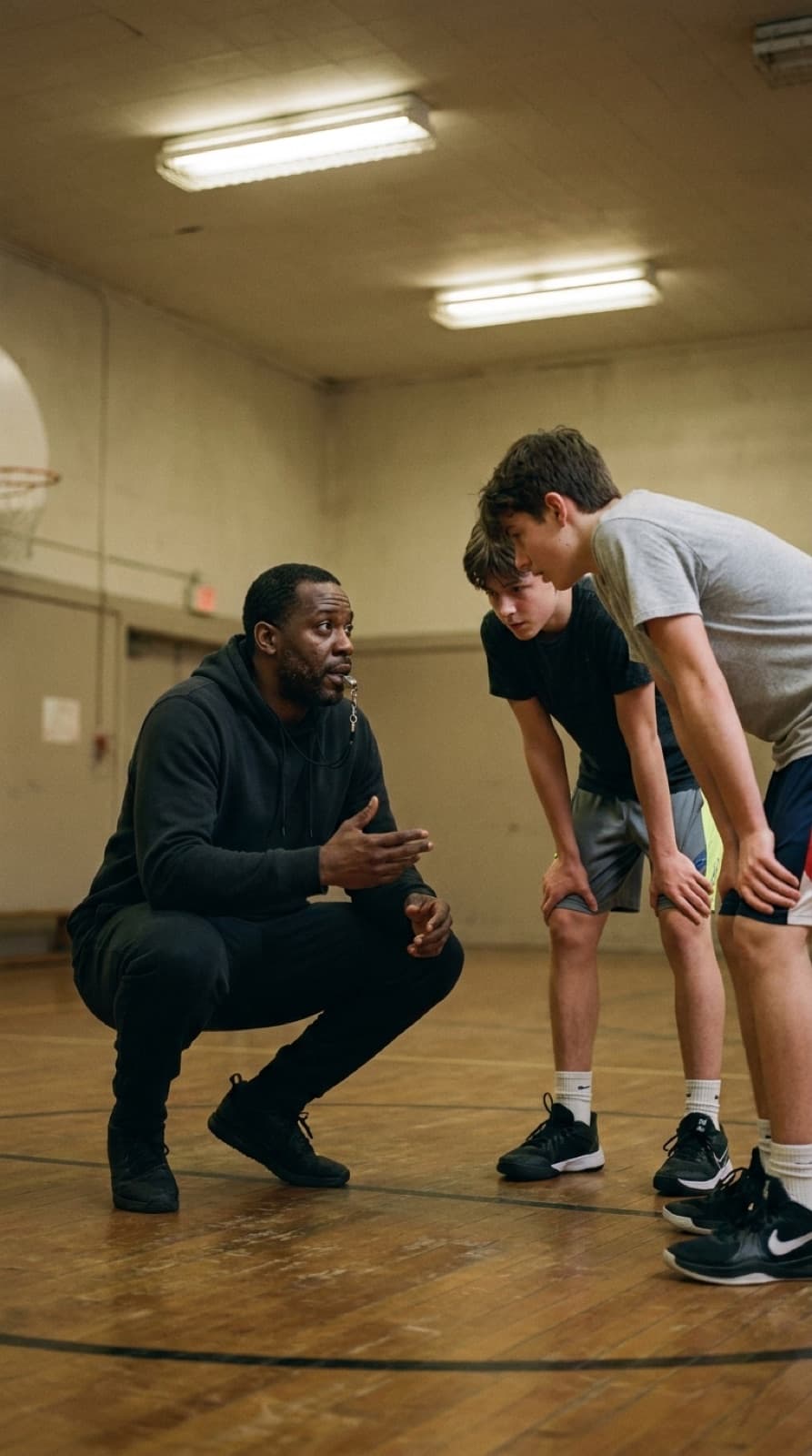 A coach talking with basketball players during practice