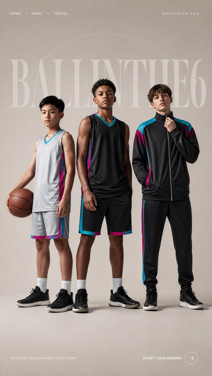 Three coordinated Ball in the 6 basketball uniforms