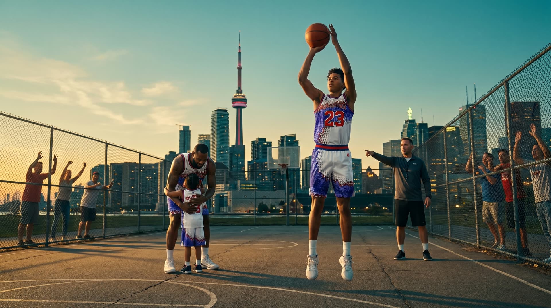 Basketball on a city court with players, families and a coach