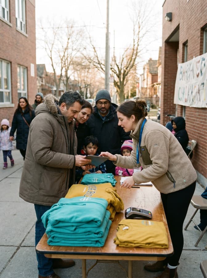 Families and organizers at a community apparel table