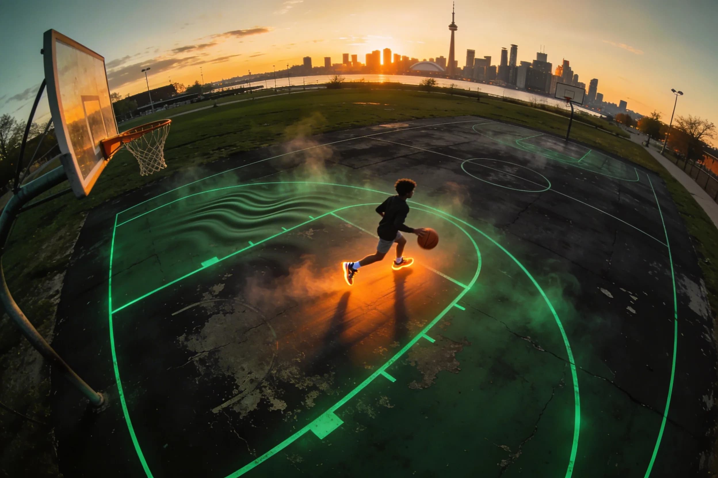 Toronto outdoor court at sunset with CN Tower